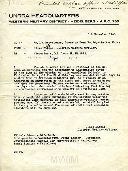 KKE 5775.jpg - (angielski) Dok. Oświadczenie oficera Oliver Biggar (USA) w sprawie wypadku z 22 IV 1945 r. z udziałem Mieczysława Awgul, Heidelberg, 5 XII 1945 r.